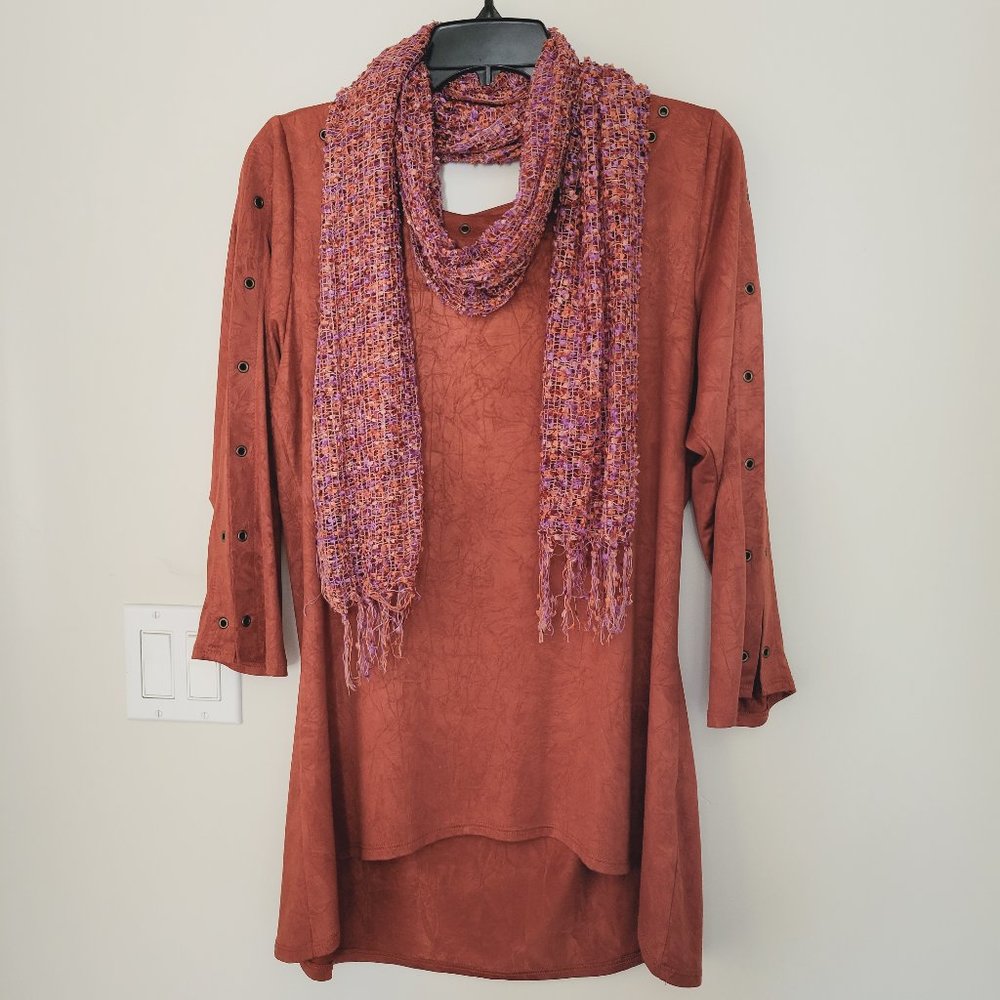 Nicole Max 3/4 Sleeve Tunic Top, Size Large, with Coordinating Knitted Scarf.